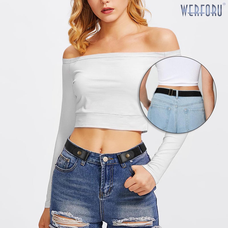 Werforu حزام مرن بدون مشبك WERFORU للنساء والرجال، حزام خصر مرن يصل إلى 72 بوصة للجينز والسراويل، أسود، مقاس السراويل 52-72 بوصة - Image 4